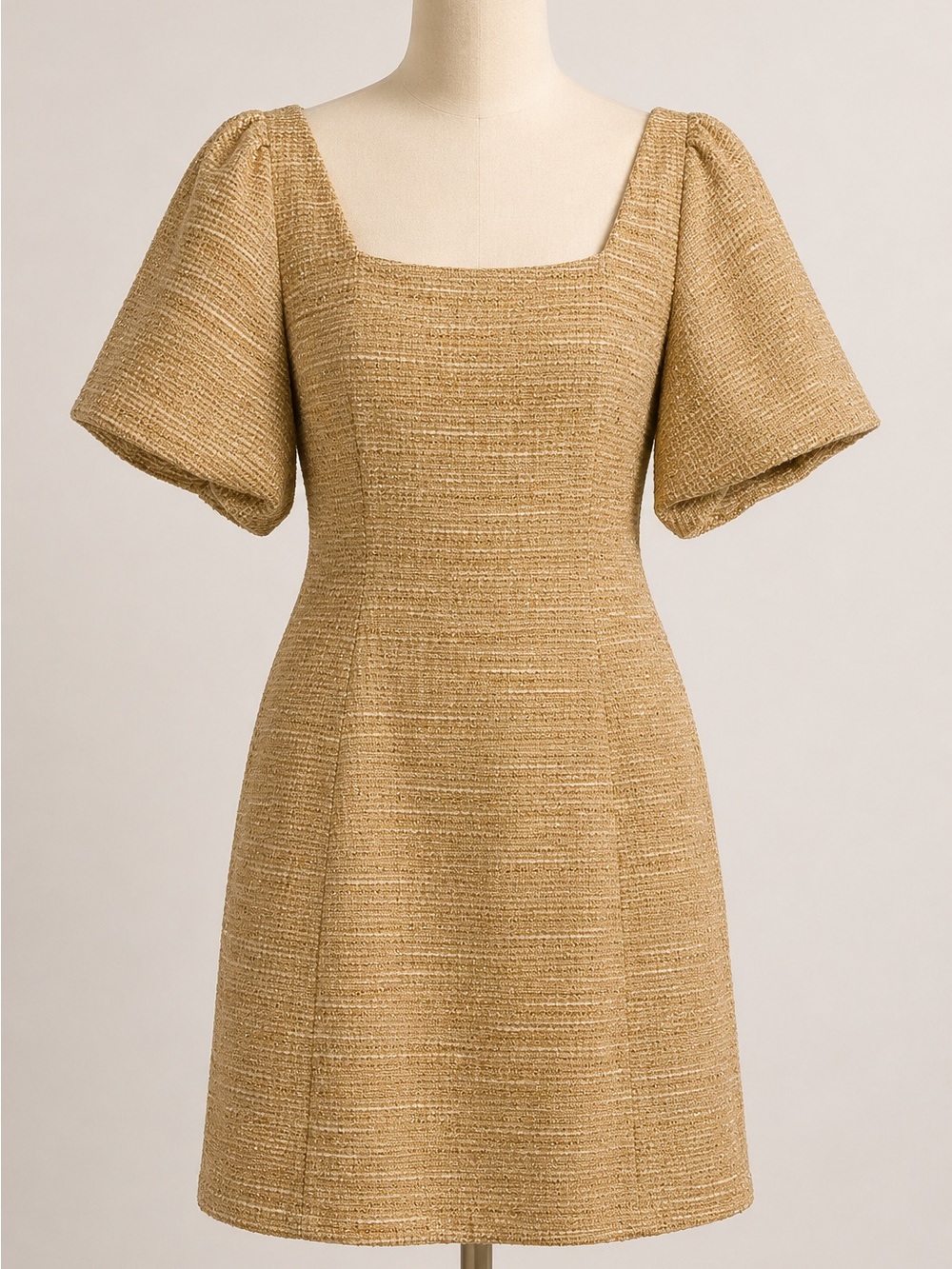 Emelia Gold Metallic Tweed Mini Dress S Puff Sleeve Square Neck Party